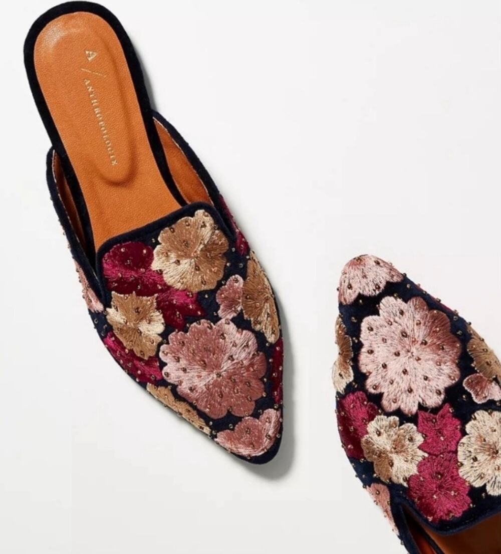 Anthropologie Studded Violet Slides Plum Multi Size 7 Pointed Toe Floral NEW